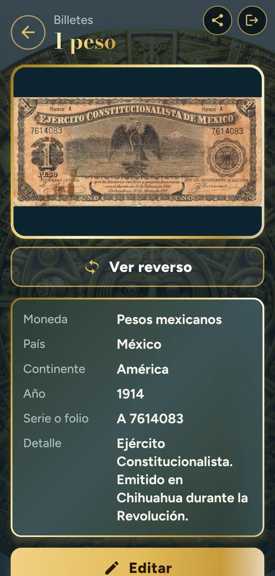 Ficha con los datos de un billete